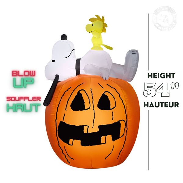 Gonflable d’Halloween avec lumières DEL de Gemmy 54 po h. Snoopy et Woodstock sur citrouille-lanterne