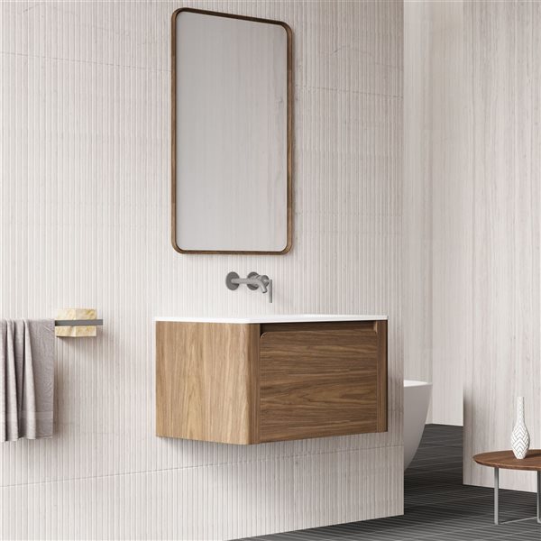 GEF Elaina 30-in Wall Mount Vanity with Matte White Solid Surface Top Single Sink - Walnut