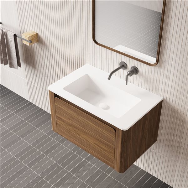 GEF Elaina 30-in Wall Mount Vanity with Matte White Solid Surface Top Single Sink - Walnut