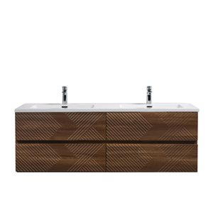 GEF Rowan 60-in Wall Mount Vanity With White Polymarble Top Doubl Sink - Walnut