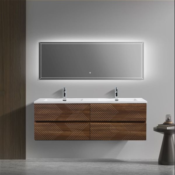 GEF Rowan 60-in Wall Mount Vanity With White Polymarble Top Doubl Sink - Walnut