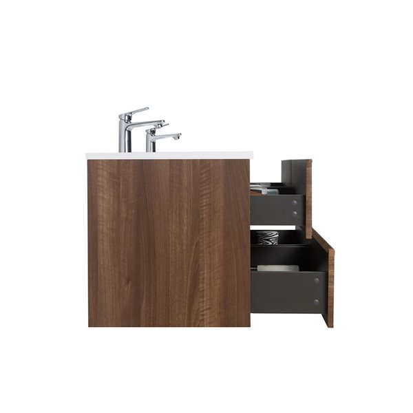 GEF Rowan 60-in Wall Mount Vanity With White Polymarble Top Doubl Sink - Walnut