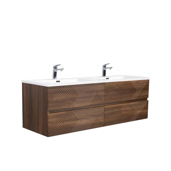 GEF Rowan 60-in Wall Mount Vanity With White Polymarble Top Doubl Sink - Walnut