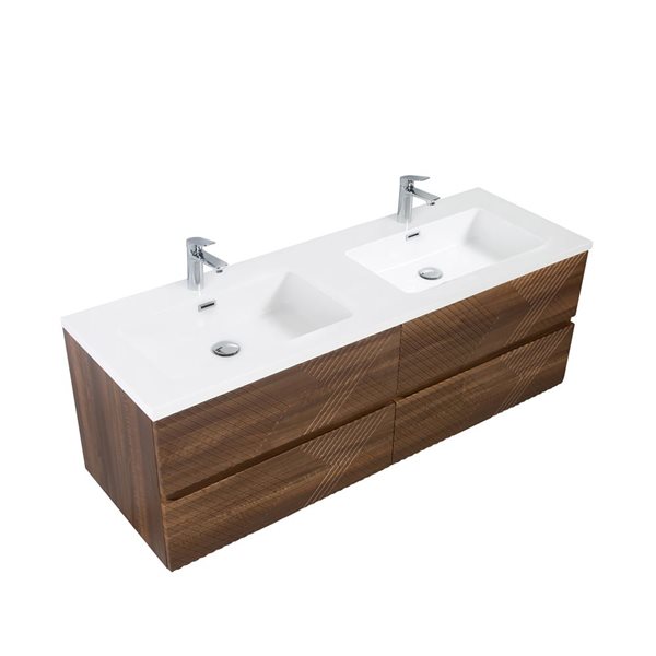 GEF Rowan 60-in Wall Mount Vanity With White Polymarble Top Doubl Sink - Walnut