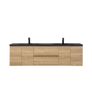 GEF Almere 72-in Wall Mount Vanity with Black Engineered Quartz Top Double Sink - Rough Oak