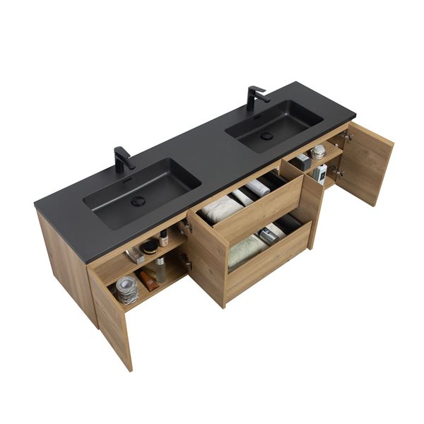 GEF Almere 72-in Wall Mount Vanity with Black Engineered Quartz Top Double Sink - Rough Oak