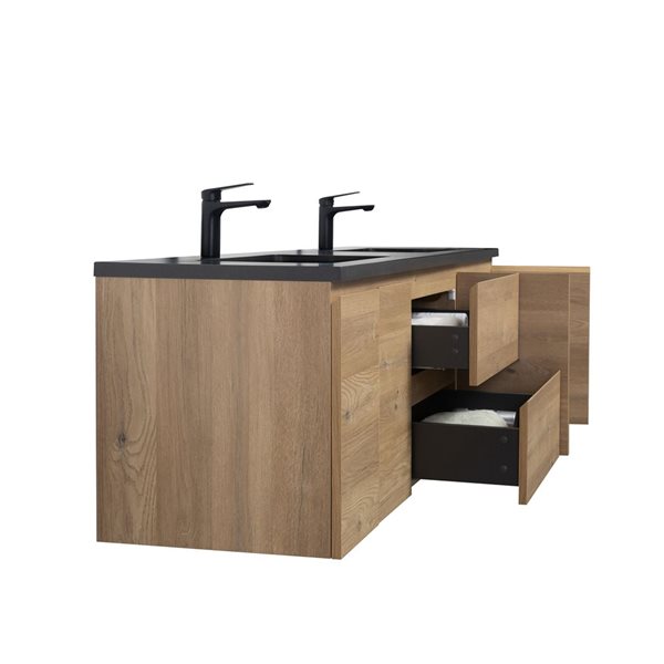 GEF Almere 72-in Wall Mount Vanity with Black Engineered Quartz Top Double Sink - Rough Oak