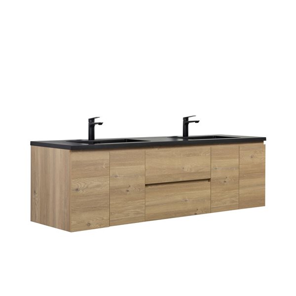 GEF Almere 72-in Wall Mount Vanity with Black Engineered Quartz Top Double Sink - Rough Oak