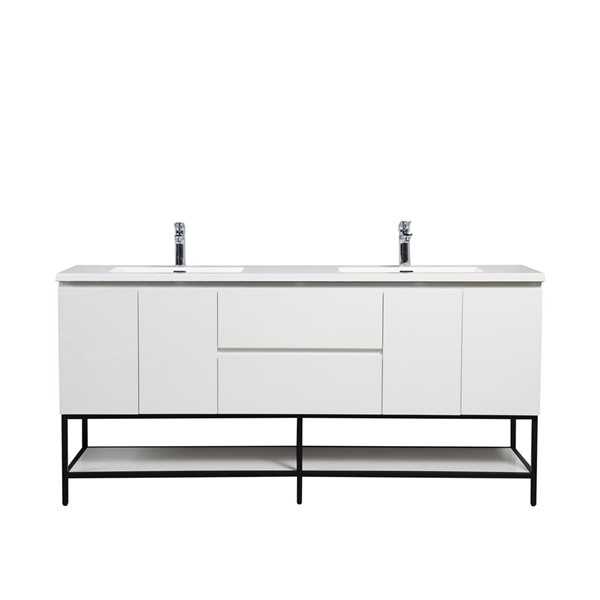 GEF Almere 72-in Freestanding Vanity with White Polymarble Top Double Sink with Open Shelf - White High Gloss