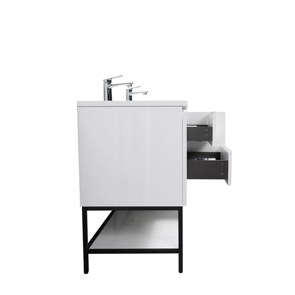 Meuble-lavabo sur pieds 72 po Almere de GEF à comptoir en similimarbre blanc à deux lavabos/tablette, blanc lustré