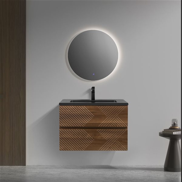 GEF Rowan 30-in Wall Mount Vanity with Black Engineered Quartz Top Single Sink - Walnut