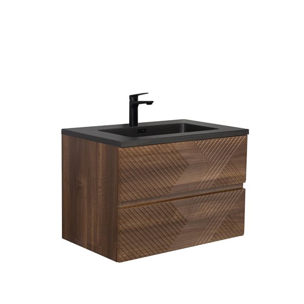 GEF Rowan 30-in Wall Mount Vanity with Black Engineered Quartz Top Single Sink - Walnut