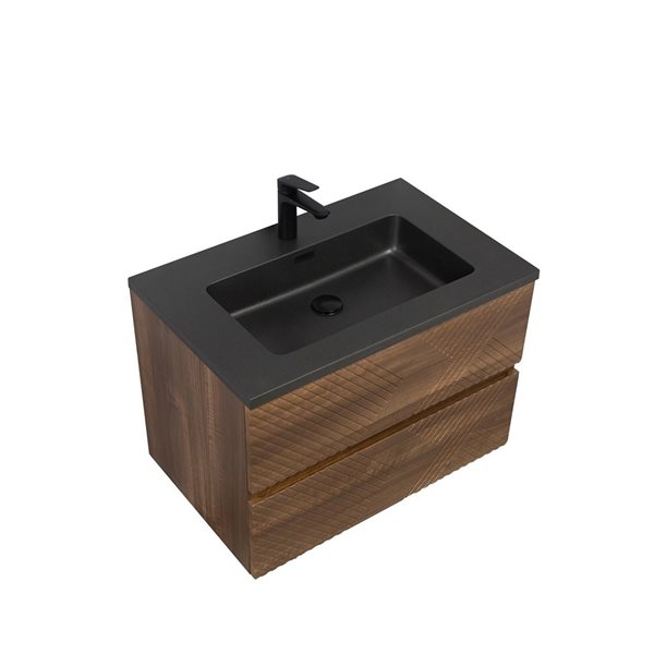 GEF Rowan 30-in Wall Mount Vanity with Black Engineered Quartz Top Single Sink - Walnut