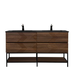 GEF Rowan 30-in Freestanding Vanity with Black Engineered Quartz Top Double Sink, Open Shelf - Walnut