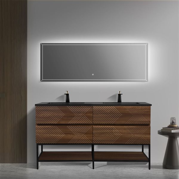 GEF Rowan 30-in Freestanding Vanity with Black Engineered Quartz Top Double Sink, Open Shelf - Walnut