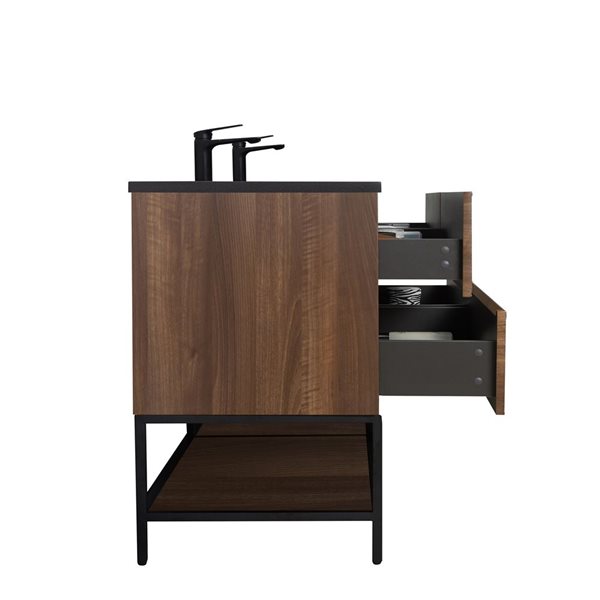 GEF Rowan 30-in Freestanding Vanity with Black Engineered Quartz Top Double Sink, Open Shelf - Walnut