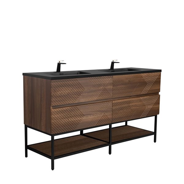 GEF Rowan 30-in Freestanding Vanity with Black Engineered Quartz Top Double Sink, Open Shelf - Walnut