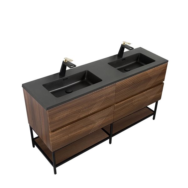 GEF Rowan 30-in Freestanding Vanity with Black Engineered Quartz Top Double Sink, Open Shelf - Walnut