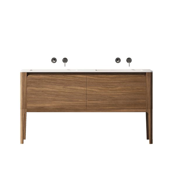 GEF Elaina 60-in Freestanding Vanity with Matte White Solid Surface Top Double Sink Combo - Walnut