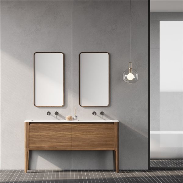 Meuble-lavabo sur pieds Elaina de GEF 60 po avec comptoir à surface solide blanc mat et lavabo monobloc, noyer