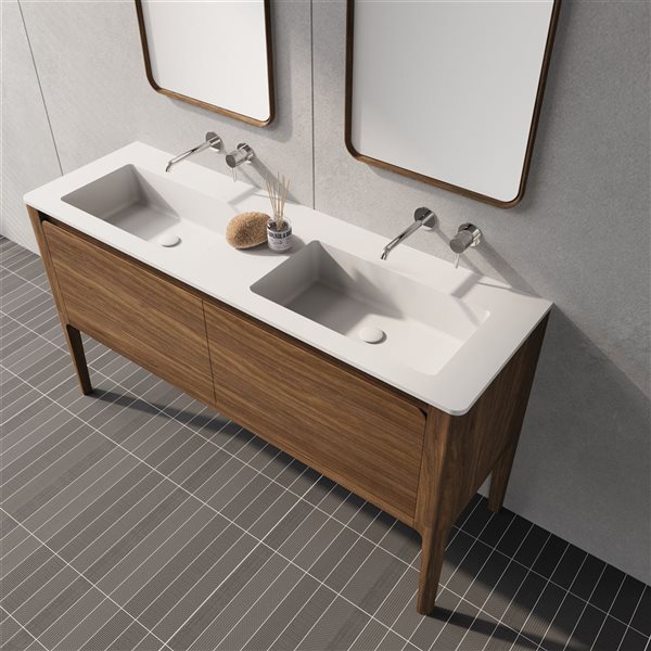 Meuble-lavabo sur pieds Elaina de GEF 60 po avec comptoir à surface solide blanc mat et lavabo monobloc, noyer