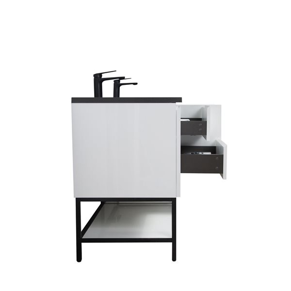 Meuble-lavabo sur pieds 72 po Almere de GEF à comptoir en quartz d'ingénierie noir à deux lavabos/tablette, blanc lustré