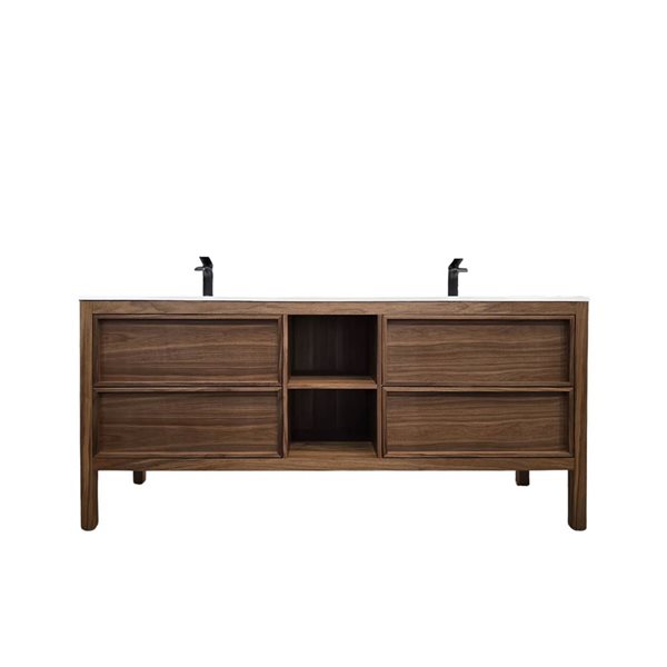 GEF Vanessa 72-in Freestanding Vanity with White Solid Surface Top Double Sink and Open Shelf - Natural Walnut