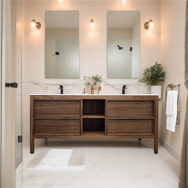 GEF Vanessa 72-in Freestanding Vanity with White Solid Surface Top Double Sink and Open Shelf - Natural Walnut