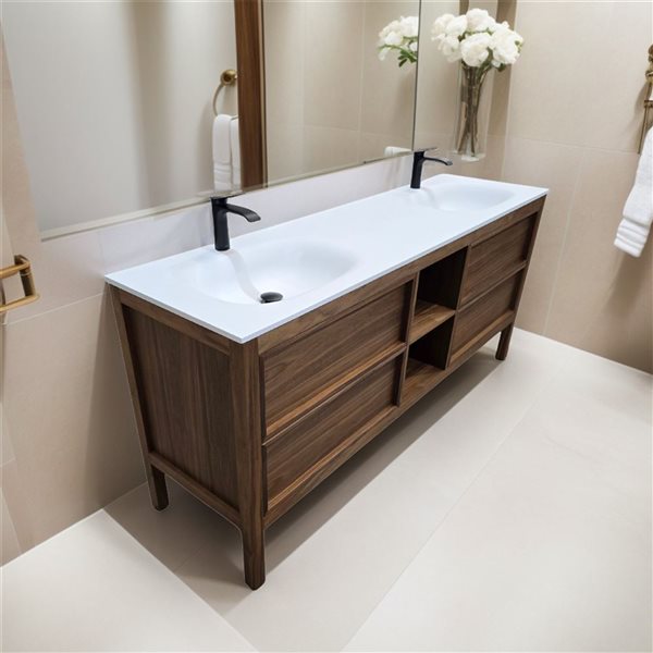 GEF Vanessa 72-in Freestanding Vanity with White Solid Surface Top Double Sink and Open Shelf - Natural Walnut