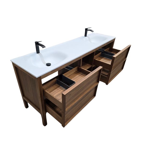 GEF Vanessa 72-in Freestanding Vanity with White Solid Surface Top Double Sink and Open Shelf - Natural Walnut