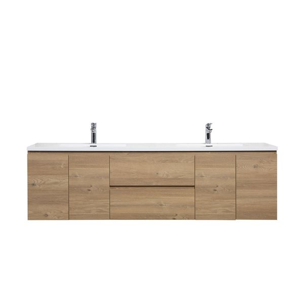 GEF Almere 72-in Wall Mount Vanity with White Polymarble Top Double Sink - Rough Oak