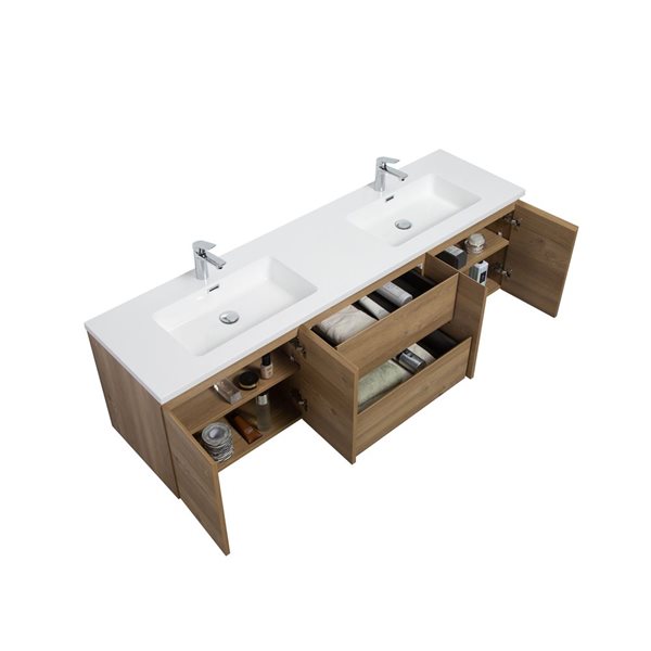 GEF Almere 72-in Wall Mount Vanity with White Polymarble Top Double Sink - Rough Oak