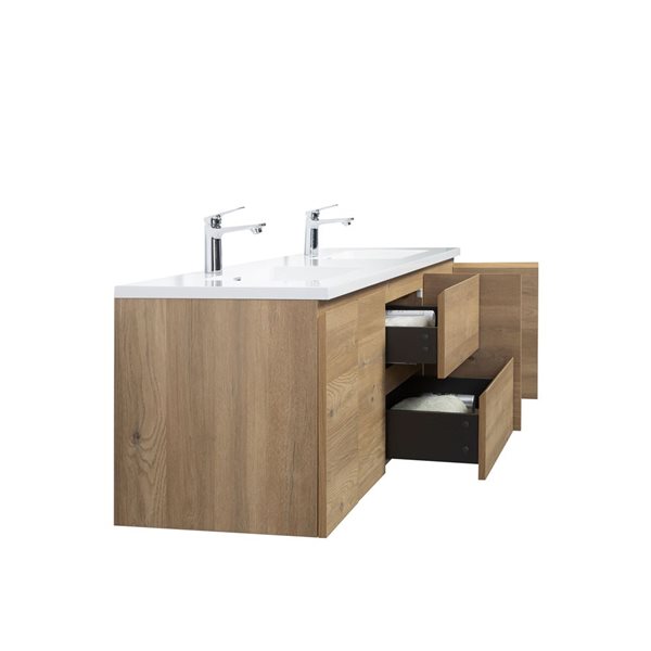 GEF Almere 72-in Wall Mount Vanity with White Polymarble Top Double Sink - Rough Oak