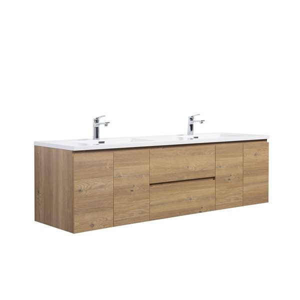 GEF Almere 72-in Wall Mount Vanity with White Polymarble Top Double Sink - Rough Oak