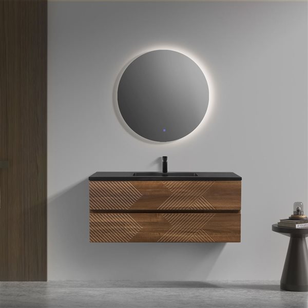 GEF Rowan 48-in Wall Mount Vanity with Black Engineered Quartz Top Single Sink - Walnut