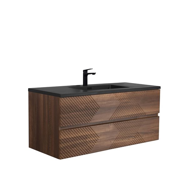 GEF Rowan 48-in Wall Mount Vanity with Black Engineered Quartz Top Single Sink - Walnut