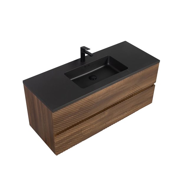 GEF Rowan 48-in Wall Mount Vanity with Black Engineered Quartz Top Single Sink - Walnut