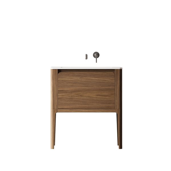 GEF Elaina 30-in Freestanding Vanity with Matte White Solid Surface Top Single Sink Combo - Walnut