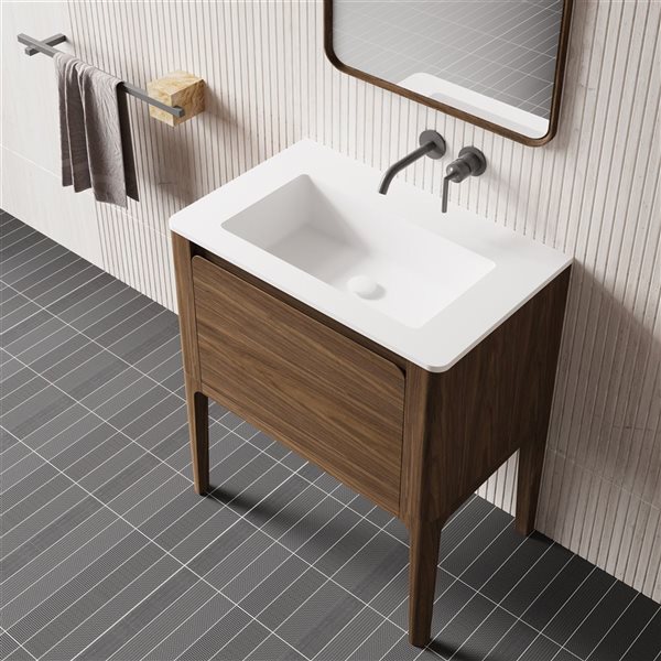 GEF Elaina 30-in Freestanding Vanity with Matte White Solid Surface Top Single Sink Combo - Walnut