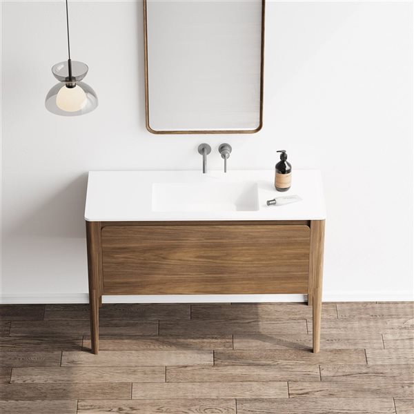 GEF Elaina 48-in Freestanding Vanity with Matte White Solid Surface Top Single Sink Combo - Walnut