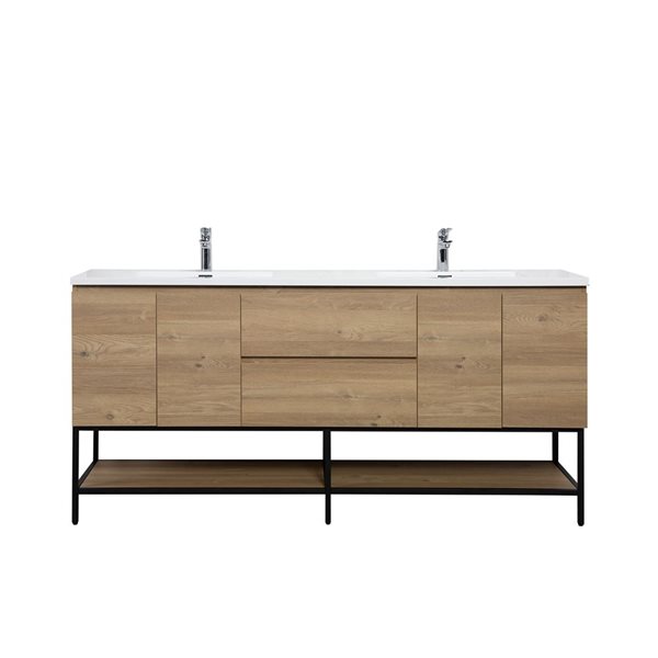 GEF Almere 72-in Freestanding Vanity with White Polymarble Top Double Sink with Open Shelf - Rough Oak