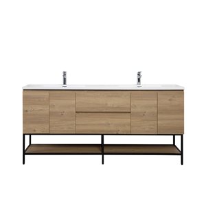 GEF Almere 72-in Freestanding Vanity with White Polymarble Top Double Sink with Open Shelf - Rough Oak