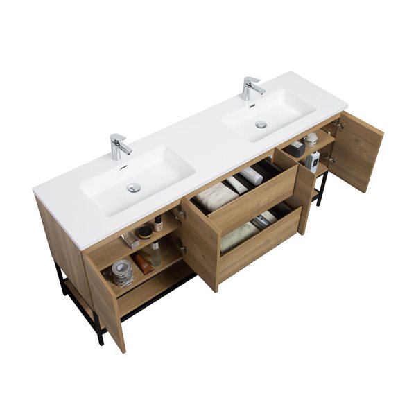 GEF Almere 72-in Freestanding Vanity with White Polymarble Top Double Sink with Open Shelf - Rough Oak