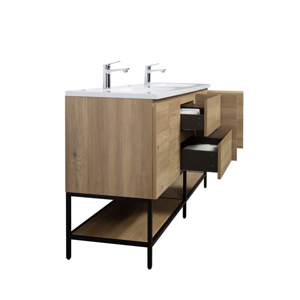 GEF Almere 72-in Freestanding Vanity with White Polymarble Top Double Sink with Open Shelf - Rough Oak