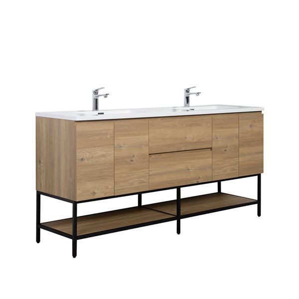 GEF Almere 72-in Freestanding Vanity with White Polymarble Top Double Sink with Open Shelf - Rough Oak