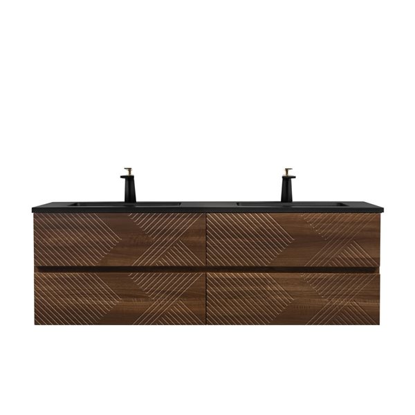 GEF Rowan 60-in Wall Mount Vanity with Black Engineered Quartz Top Double Sink - Walnut