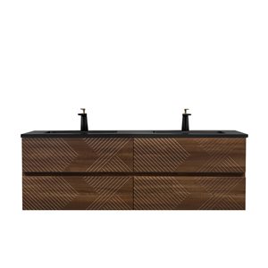 GEF Rowan 60-in Wall Mount Vanity with Black Engineered Quartz Top Double Sink - Walnut