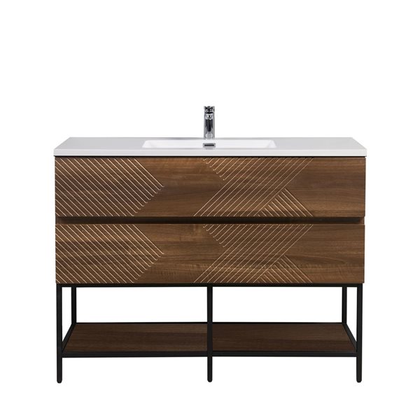 GEF Rowan 48-in Freestanding Vanity with White Polymarble Top Single Sink and Open Shelf - Walnut