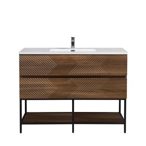 GEF Rowan 48-in Freestanding Vanity with White Polymarble Top Single Sink and Open Shelf - Walnut