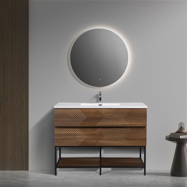 GEF Rowan 48-in Freestanding Vanity with White Polymarble Top Single Sink and Open Shelf - Walnut